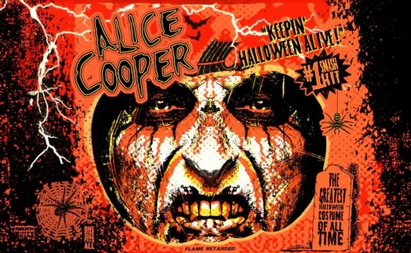 Vivid Halloween Alice Cooper graphic featuring a fierce tiger face and spooky elements. Perfect for fans of Halloween costumes and rock legends.