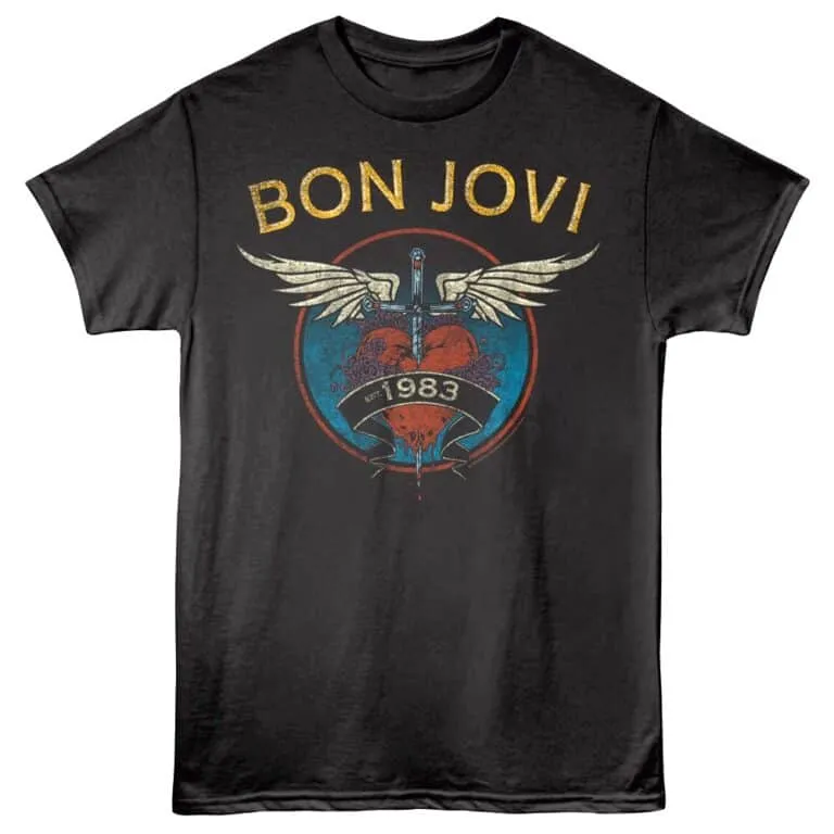 Bon Jovi band logo t-shirt featuring skull, wings, and "EST. 1983" text.
