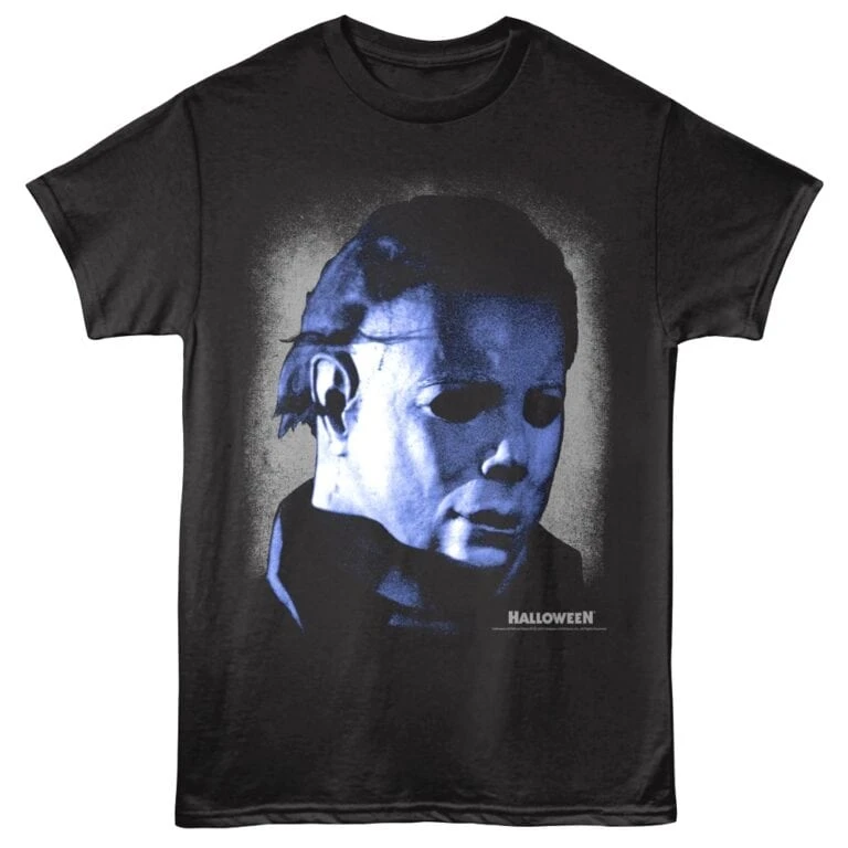 Scary Halloween Michael Myers mask graphic on black T-shirt, perfect for horror fans.