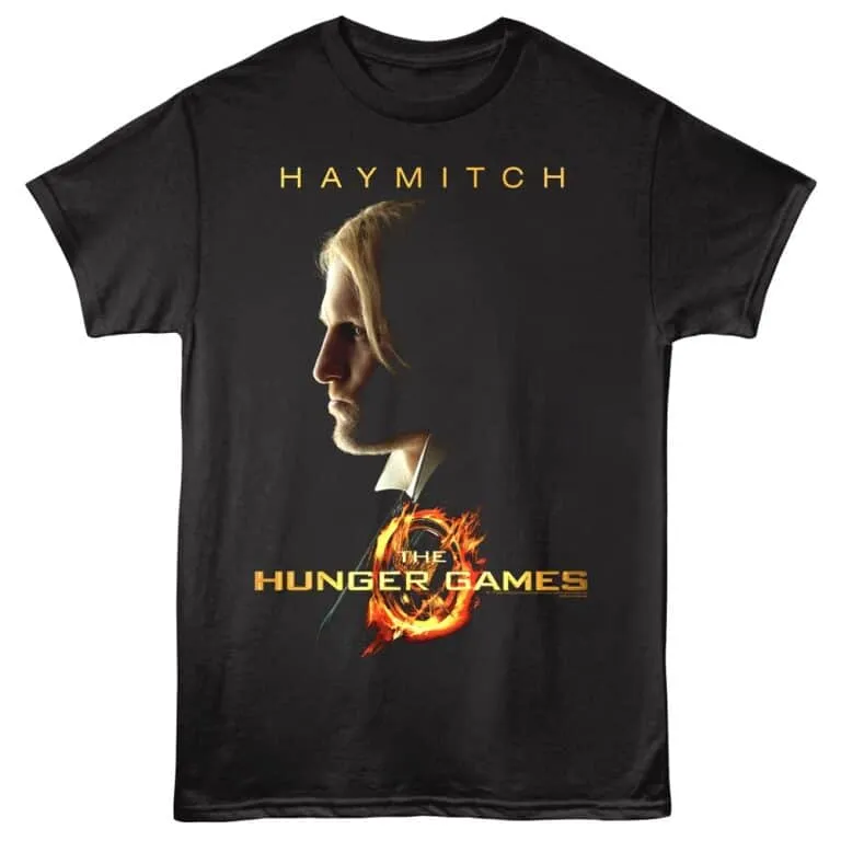Graphic T-shirt featuring Haymitch Abernathy from The Hunger Games with logo.