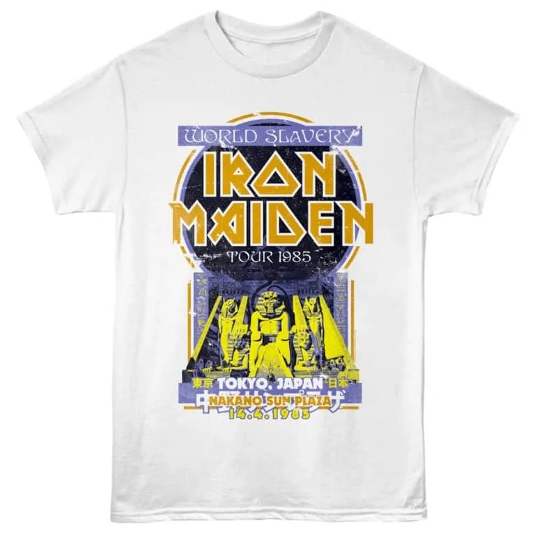 Vintage Iron Maiden 1985 concert T-shirt design.