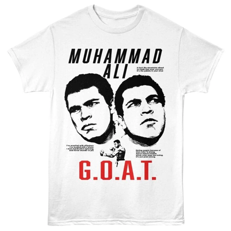 Black and white Muhammad Ali graphic tee for boxing fans. Affordable sportswear with iconic design.