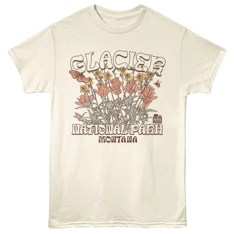 Vintage Glacier National Park Montana graphic tee. Soft, stylish, perfect for outdoor enthusiasts and nature lovers.