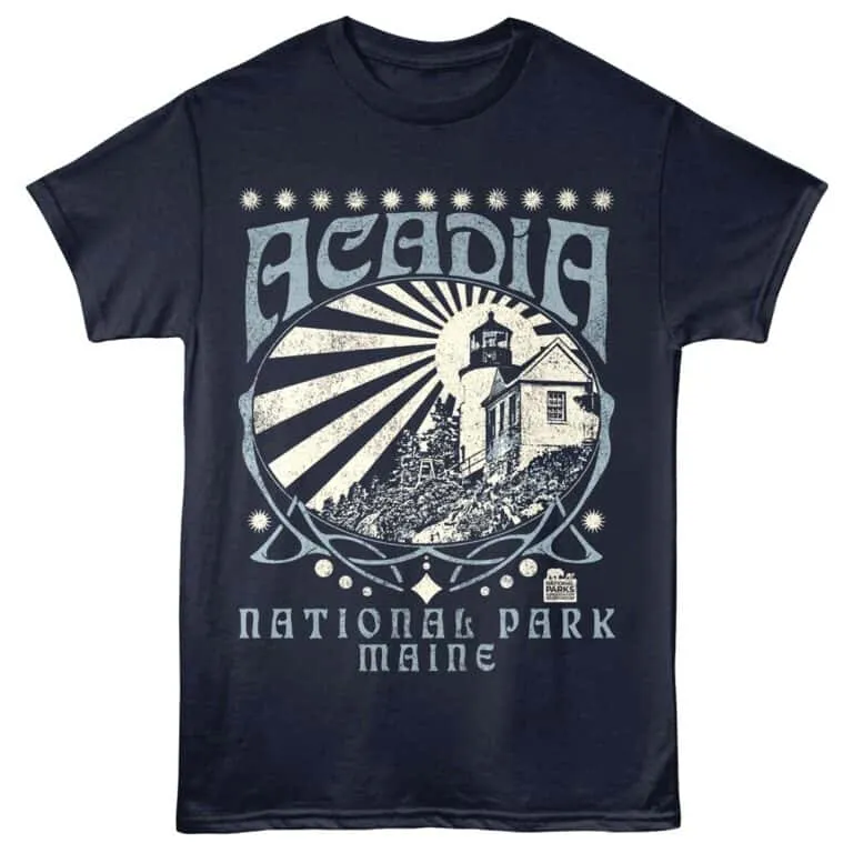 Vintage-style lighthouse graphic shirt celebrating Acadia National Park, Maine, perfect for nature lovers.
