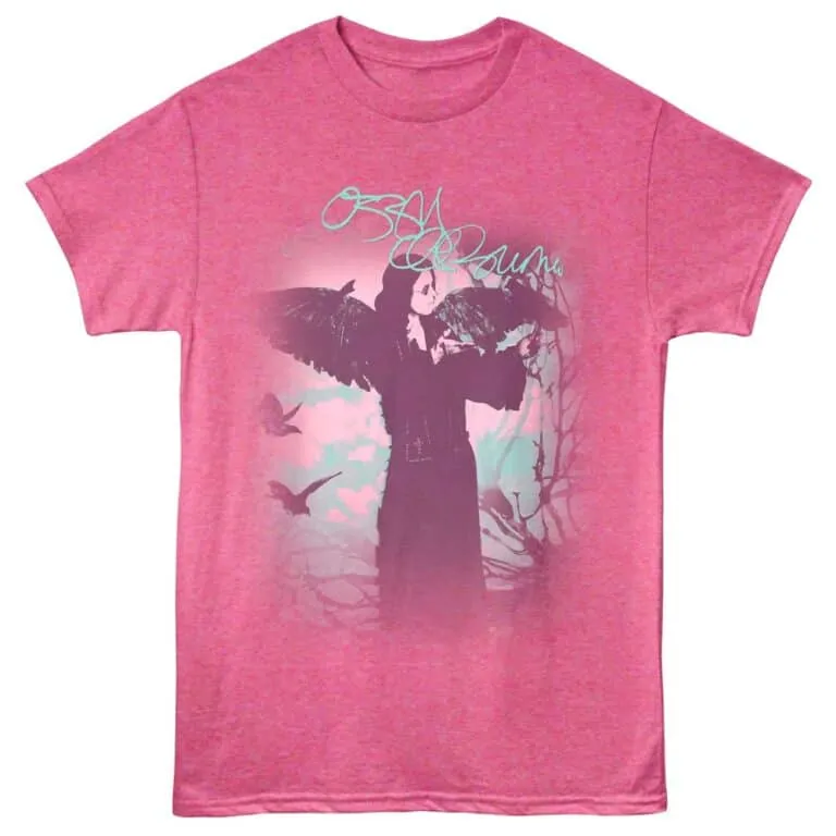 Gothic Ozzy Osbourne t-shirt featuring dark silhouette and vibrant pink background, ideal for rock music enthusiasts.