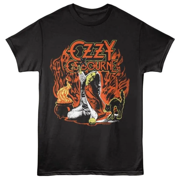 Ozzy Osbourne graphic tee with fiery wizard and black cat, ideal for rock music fans and concert merchandise.