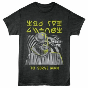 An eerie Twilight Zone-themed T-shirt featuring an alien character and the phrase "To Serve Man" for sci-fi enthusiasts.