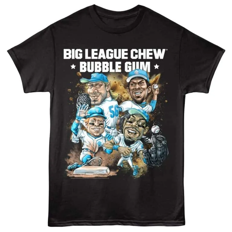 Colorful caricature of baseball players celebrating on a black tee, showcasing Big League Chew bubble gum theme.
