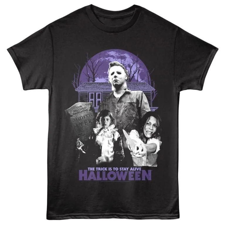 Spooky Halloween horror movie t-shirt featuring Michael Myers, ghostly house, and eerie moon background.