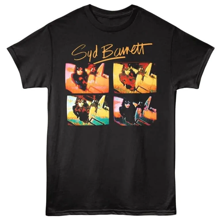 Vivid Syd Barrett graphic tee showcasing iconic images of the legendary musician. Perfect for fans of classic rock and psychedelic style.