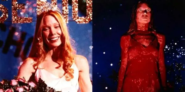 Vibrant red-haired woman smiling at an event with sparkling background and stylish outfit.