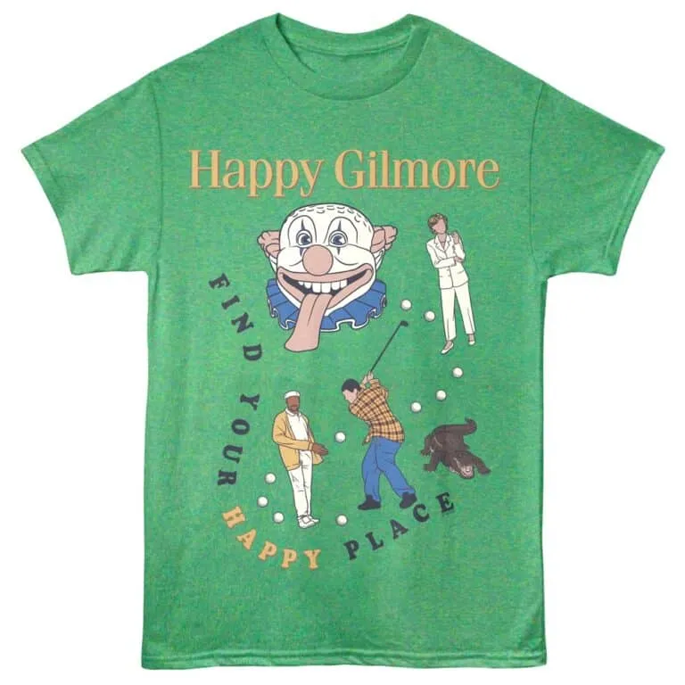 Playful graphic tee featuring Happy Gilmore characters and golf theme.