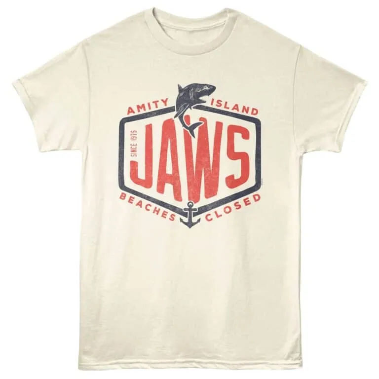 Vintage Jaws shark and beach design T-shirt for Amity Island fans. Coastal, beach lover, summer vacation fashion.