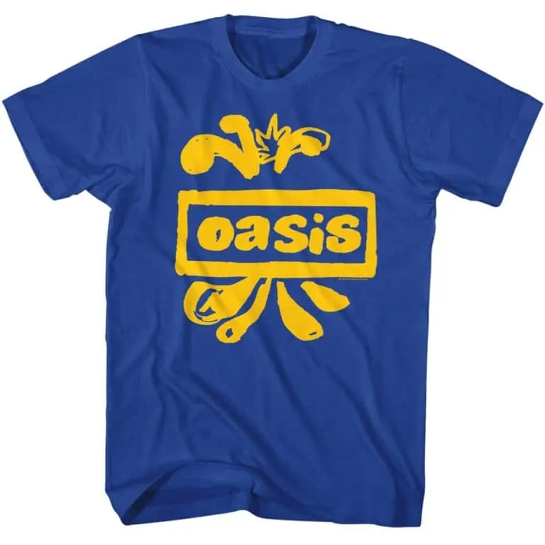 Colorful Oasis band logo T-shirt, bold blue fabric with yellow graphic design, ideal for music fans and vintage style.