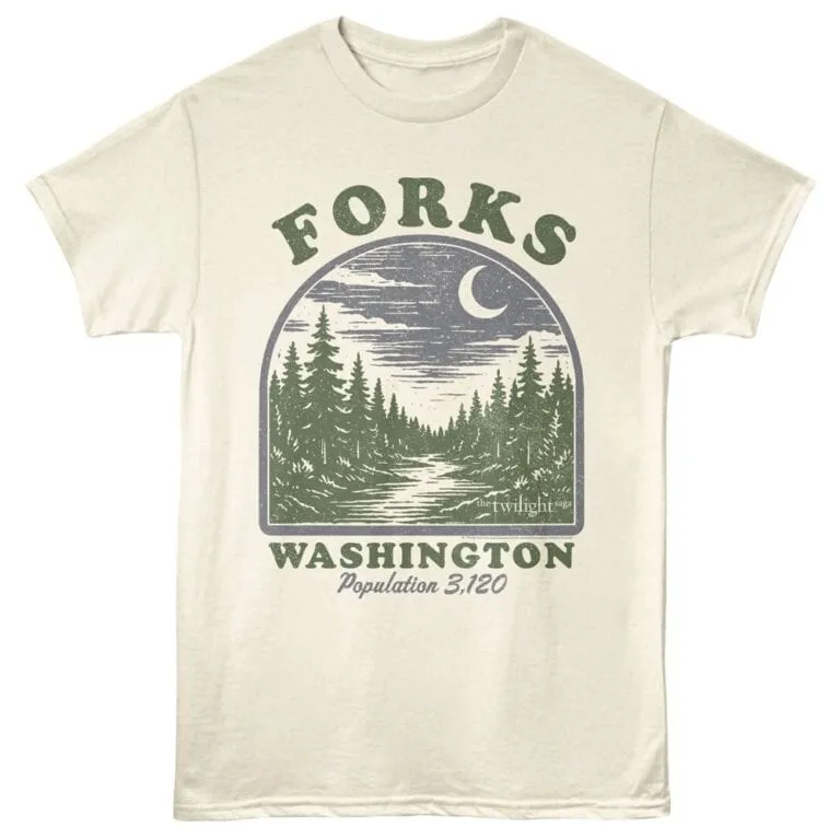 Vintage-inspired graphic tee showcasing Forks, Washington, with a forest and river scene at night. Perfect for outdoor and nature lovers.