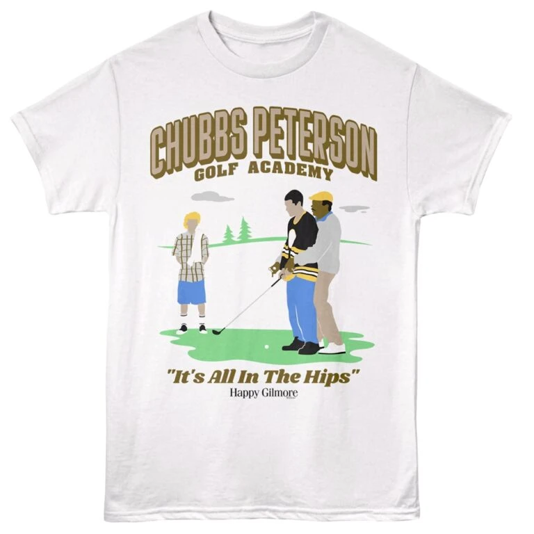 Illustration of golf scene with humorous quote on a white tee shirt.