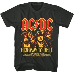 High-quality AC/DC Highway to Hell rock band t-shirt with vintage design.