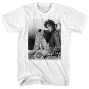 Vintage-inspired woman's T-shirt with iconic celebrity autograph and fashion-forward design.