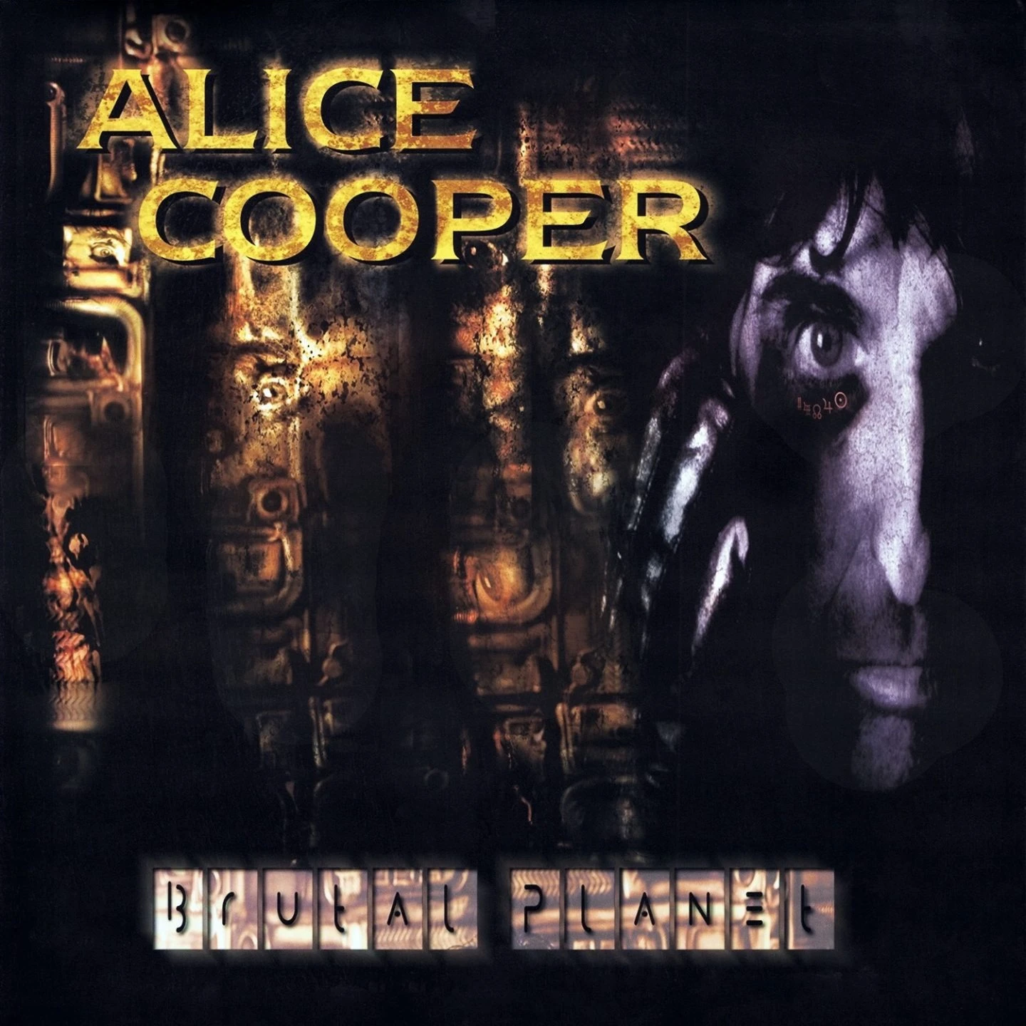 Dark album cover art for Alice Cooper's "Blue Planet" featuring intense portrait and abstract elements.