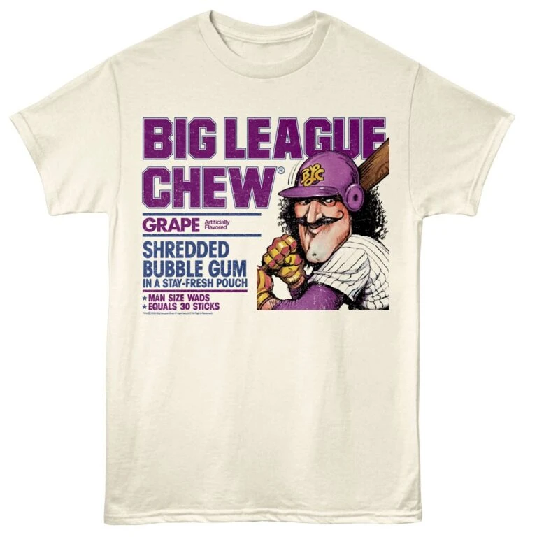 Vintage Big League Chew graphic tee featuring a cartoon baseball player and bubble gum text. Perfect for sports fans and retro fashion.