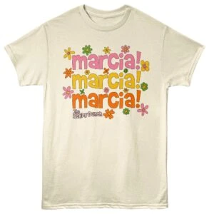 Vibrant floral Marcia T-shirt with retro 70s style text and colorful flower design. Perfect for 70s theme parties and casual wear.