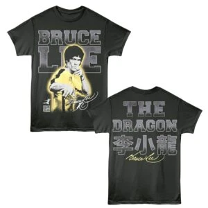 Bruce Lee graphic T-shirt, martial arts legend design in black with signature.