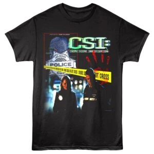 Crime scene investigation T-shirt with police and crime scene graphics, ideal for law enforcement fans.