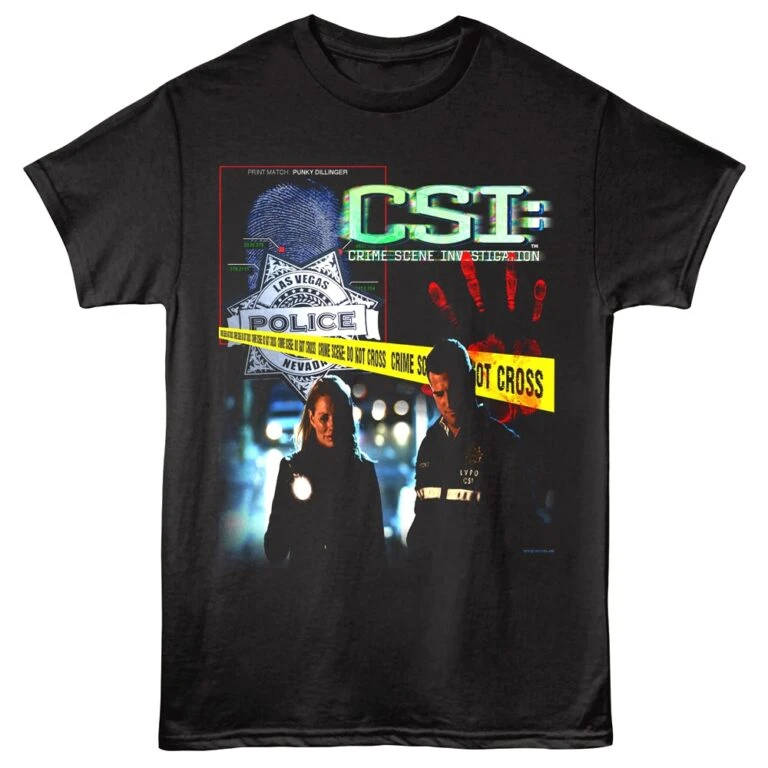 Crime scene investigation T-shirt with police and crime scene graphics, ideal for law enforcement fans.