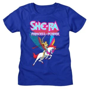 Colorful She-Ra Tee with Princess of Power design and vibrant unicorn graphic. Perfect for fans of She-Ra and nostalgic cartoon fashion.
