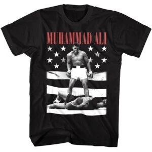 Black Muhammad Ali sports T-shirt featuring iconic boxer in victory pose, American-themed stars and stripes design.
