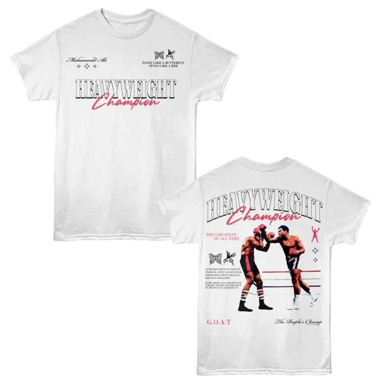 White boxing champion T-shirt with Boxing fighters graphic, motivational quotes, stylish text.