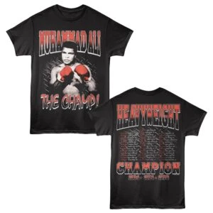 Bold Muhammad Ali boxing T-shirt with image and iconic slogans.