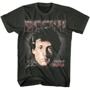 Vintage Rocky movie themed graphic tee featuring Sylvester Stallone's portrait and "ROCKY" text.
