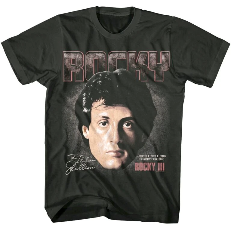 Vintage Rocky movie themed graphic tee featuring Sylvester Stallone's portrait and "ROCKY" text.