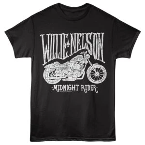 Motorcycle Willie Nelson T-shirt with "Midnight Rider" graphic, ideal for country music fans and vintage ride lovers.