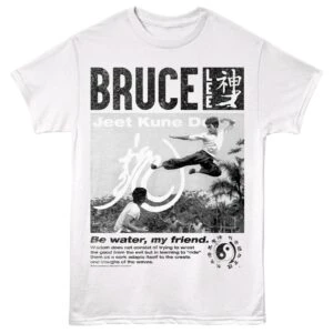 Bruce T-Shirt featuring martial arts action, Chinese characters, and yin-yang symbol, perfect for martial arts enthusiasts.