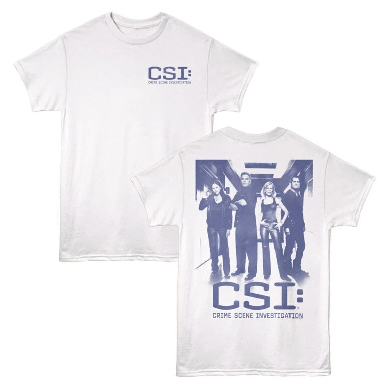 White CSI logo t-shirt featuring original cast image from Crime Scene Investigation series.