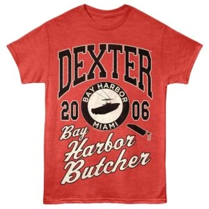 Customizable Dexter TV show themed graphic t-shirt in red with Bay Harbor Butcher design.