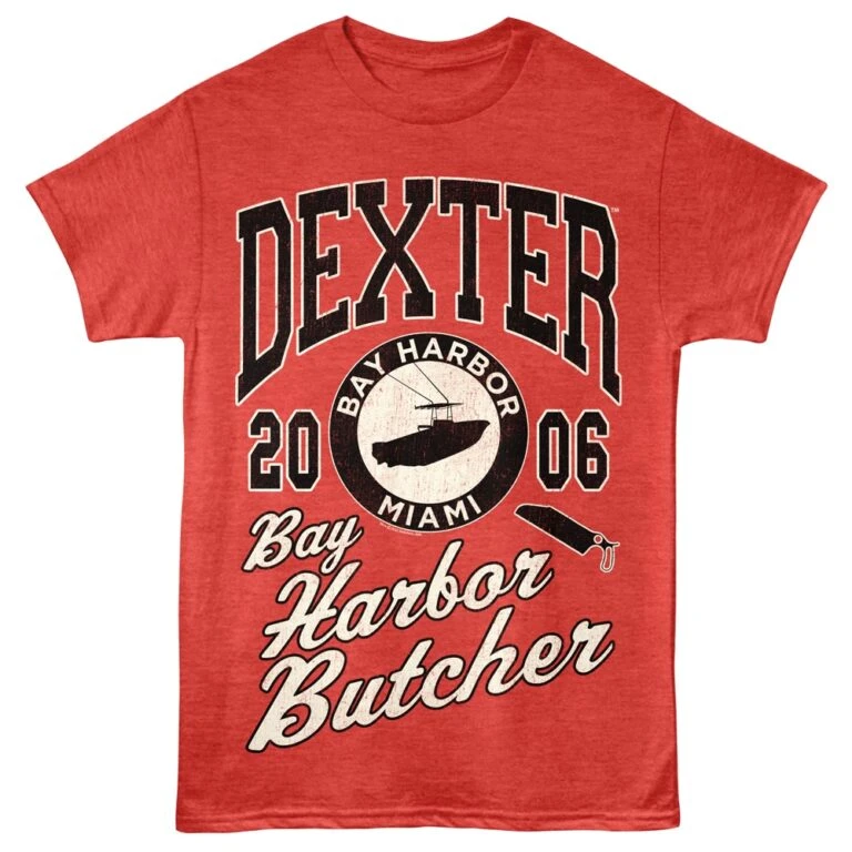 Customizable Dexter TV show themed graphic t-shirt in red with Bay Harbor Butcher design.