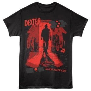 Dexter blood ties T-shirt, horror TV show merchandise featuring blood-splattered graphics, perfect for fans.