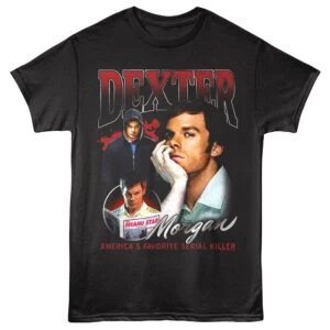 Dexter serial killer t-shirt featuring Dexter Morgan from the hit crime series, perfect for crime drama fans and true crime enthusiasts.