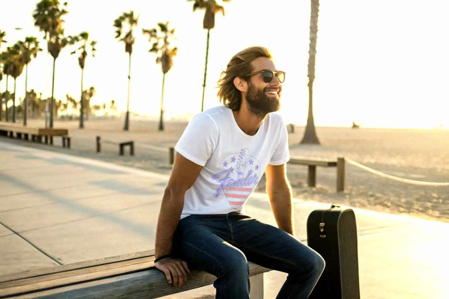 Relaxed man enjoying sunset at the beach in sunglasses and casual attire, with a suitcase nearby.