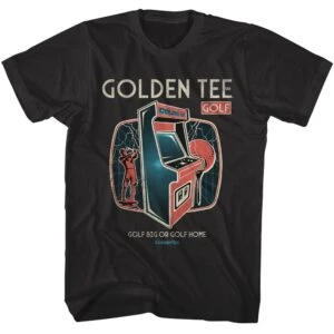 Vintage arcade golf shirt featuring Golden Tee design, ideal for golf lovers and gamers.