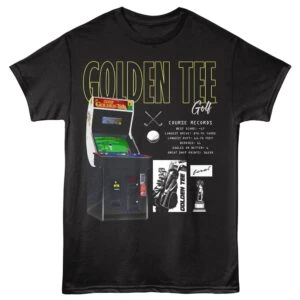 Golf arcade T-shirt featuring Golden Tee game graphic, course records, and golf-themed design.