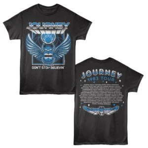Journey T-shirt featuring a bold design with celestial, winged elements, and city list for travel enthusiasts.