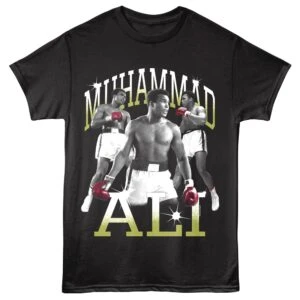 Black Muhammad Ali boxing print T-shirt for fans and sports enthusiasts.