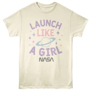 Space-themed launch like a girl NASA t-shirt with pastel colors, inspiring girls in science and space.