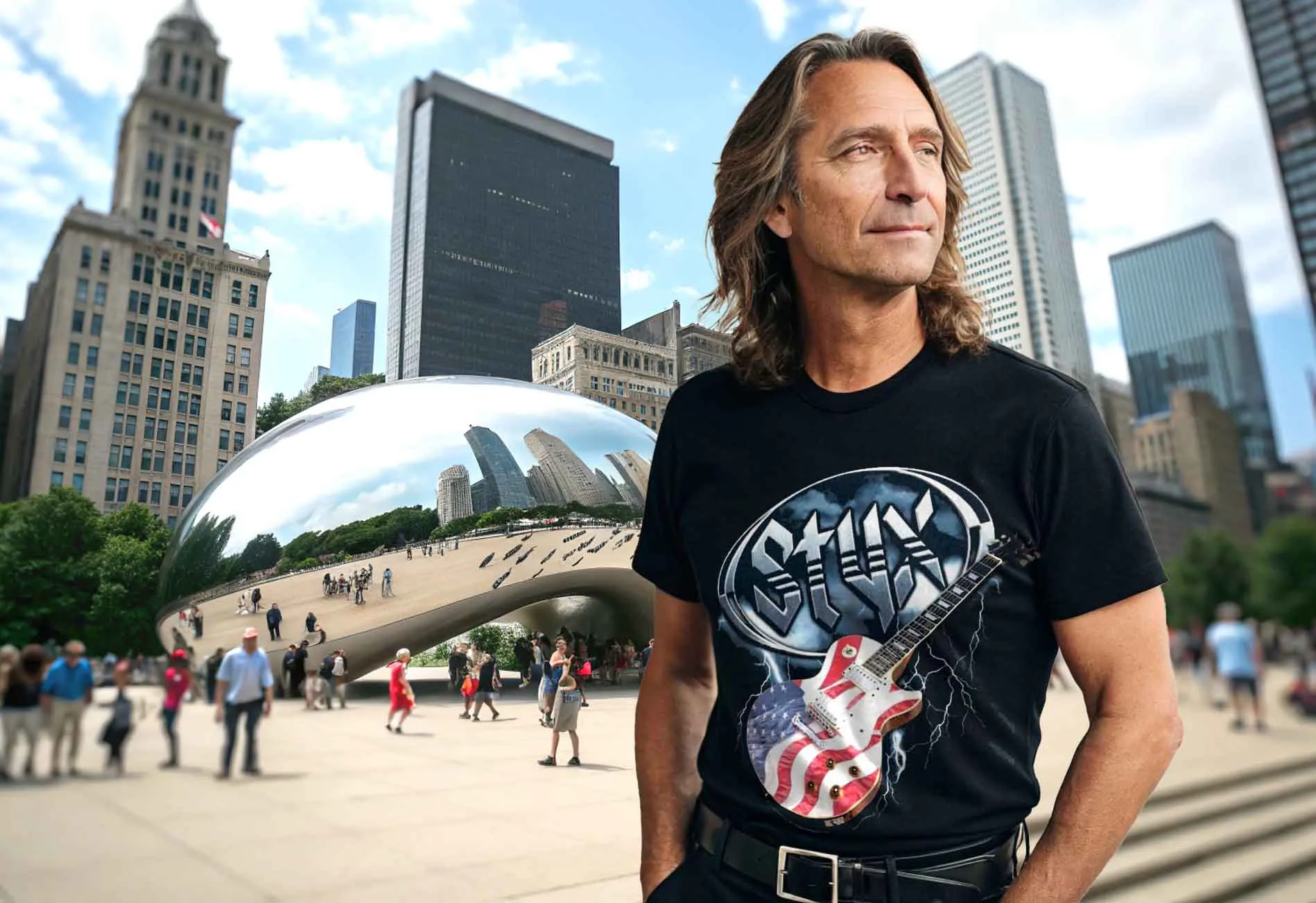 Portrait of a man wearing a city-inspired rock T-shirt near Chicago's Millennium Park with The Bean.