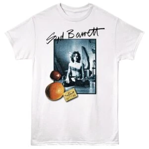 Black and white Syd Barrett album cover graphic on a white tee with fruit and money embellishments.