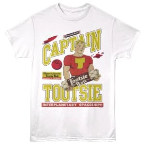 Funny superhero-inspired T-shirt featuring space adventure theme and Tootsie Roll cartoon.
